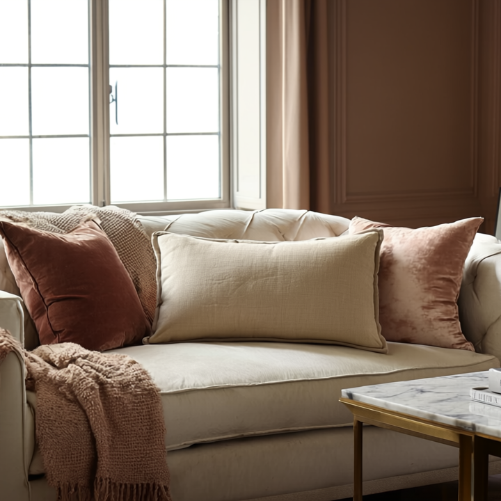 Cozy living room with a beige sofa, pink cushions, and a coffee table with books.