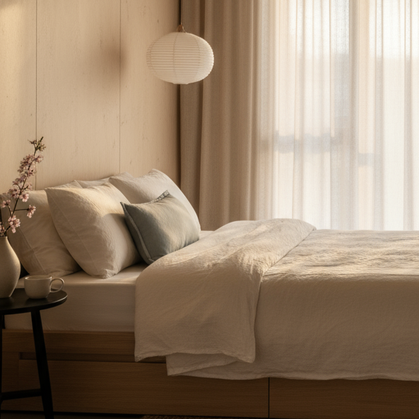 Modern bedroom with a bed, curtains, and pendant lights.