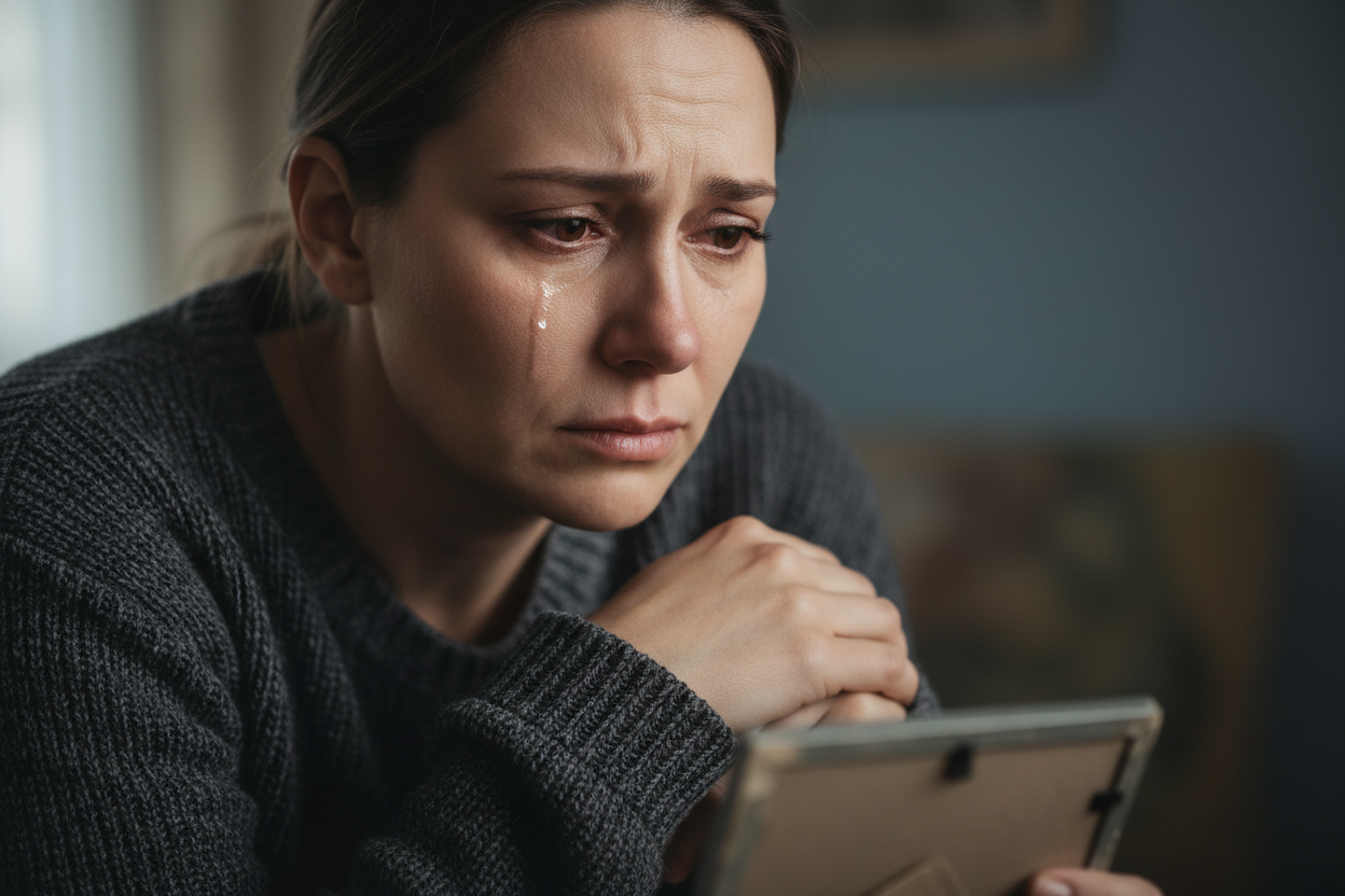 Grieving woman looking at photo of loved one