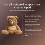 Teddy bear with text about weighted support on a brown background