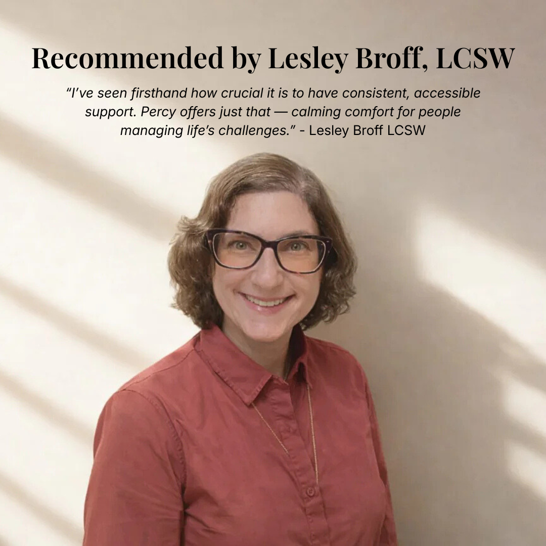 Lesley Broff LCSW wearing glasses and a red shirt with text quote about Lesley Broff, LCSW, on a beige background