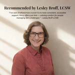 Lesley Broff LCSW wearing glasses and a red shirt with text quote about Lesley Broff, LCSW, on a beige background