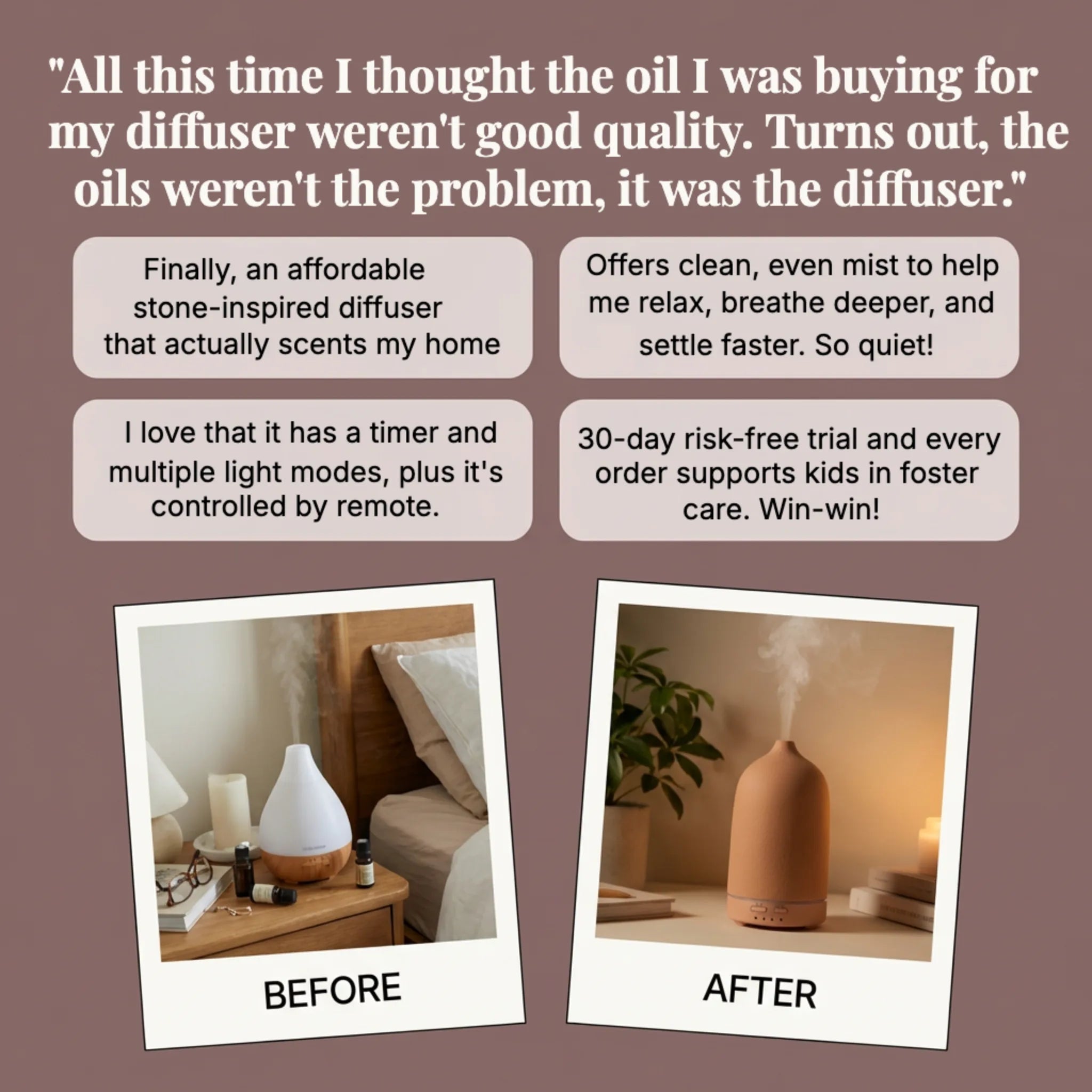 Before/after for a diffuser with text and images of a bedroom setting.