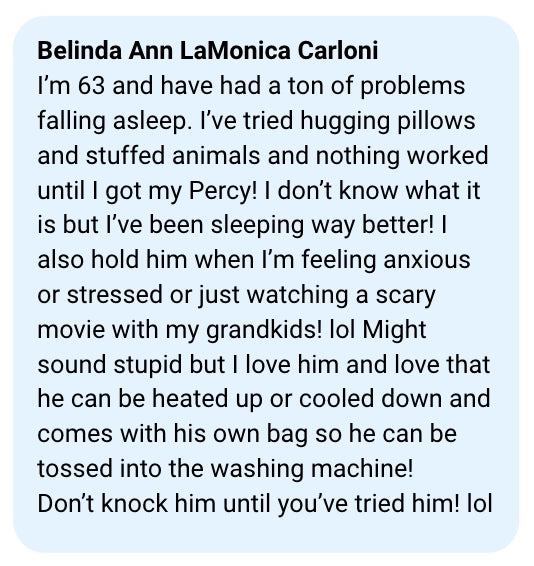 Text message from Belinda Ann LaMonica Carloni about a product named Percy that helps with sleeping and stress relief.