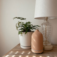 Terracotta keep calm diffuser on bed side table with crystal lamp and fern plant