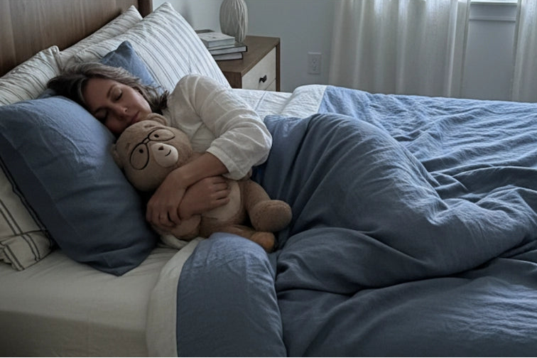 Person lying in bed with Percy bear, wearing a night gown, with a message from Joanna Kimball about using Percy for comfort.
