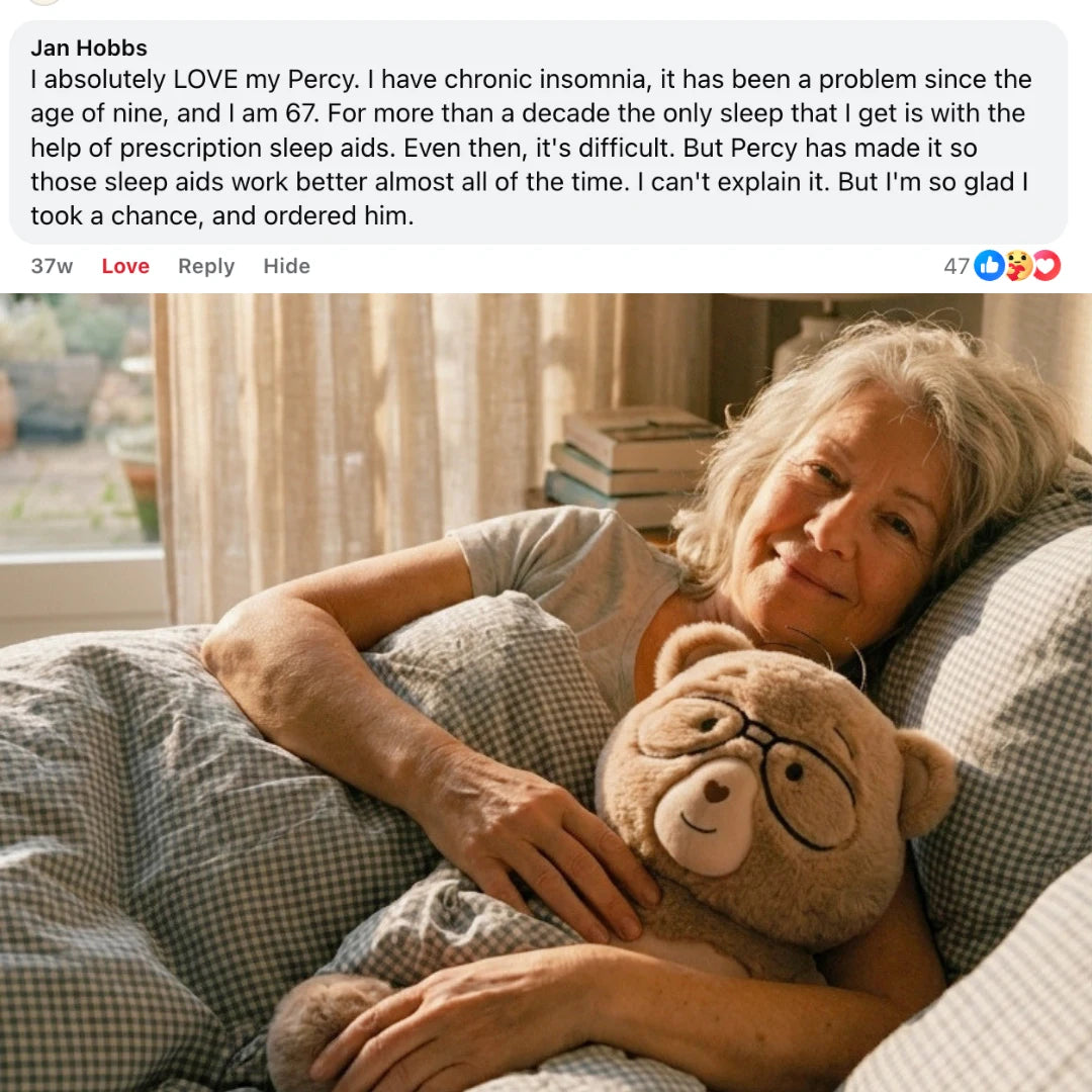 woman laying in bed hugging percy the 5 lb. comfort bear with Jan's testimonial about how much she loves percy