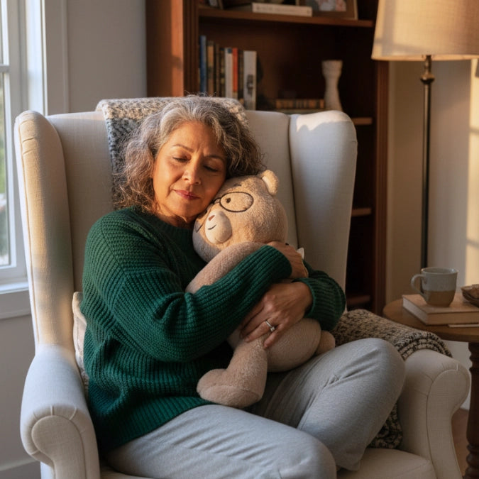 Woman sitting in a chair holding a Percy bear in a cozy living room.