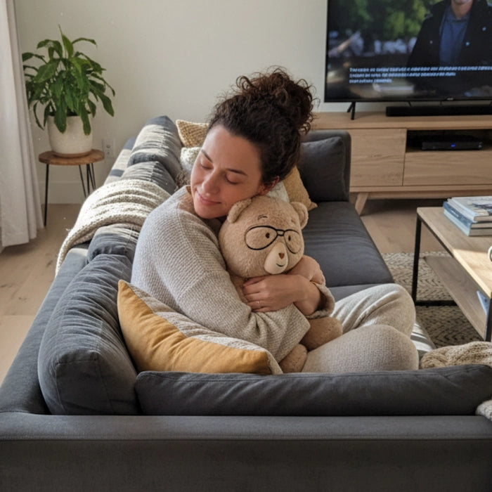 Woman hugging a Percy bear on a couch in a living room with a TV in the background.
