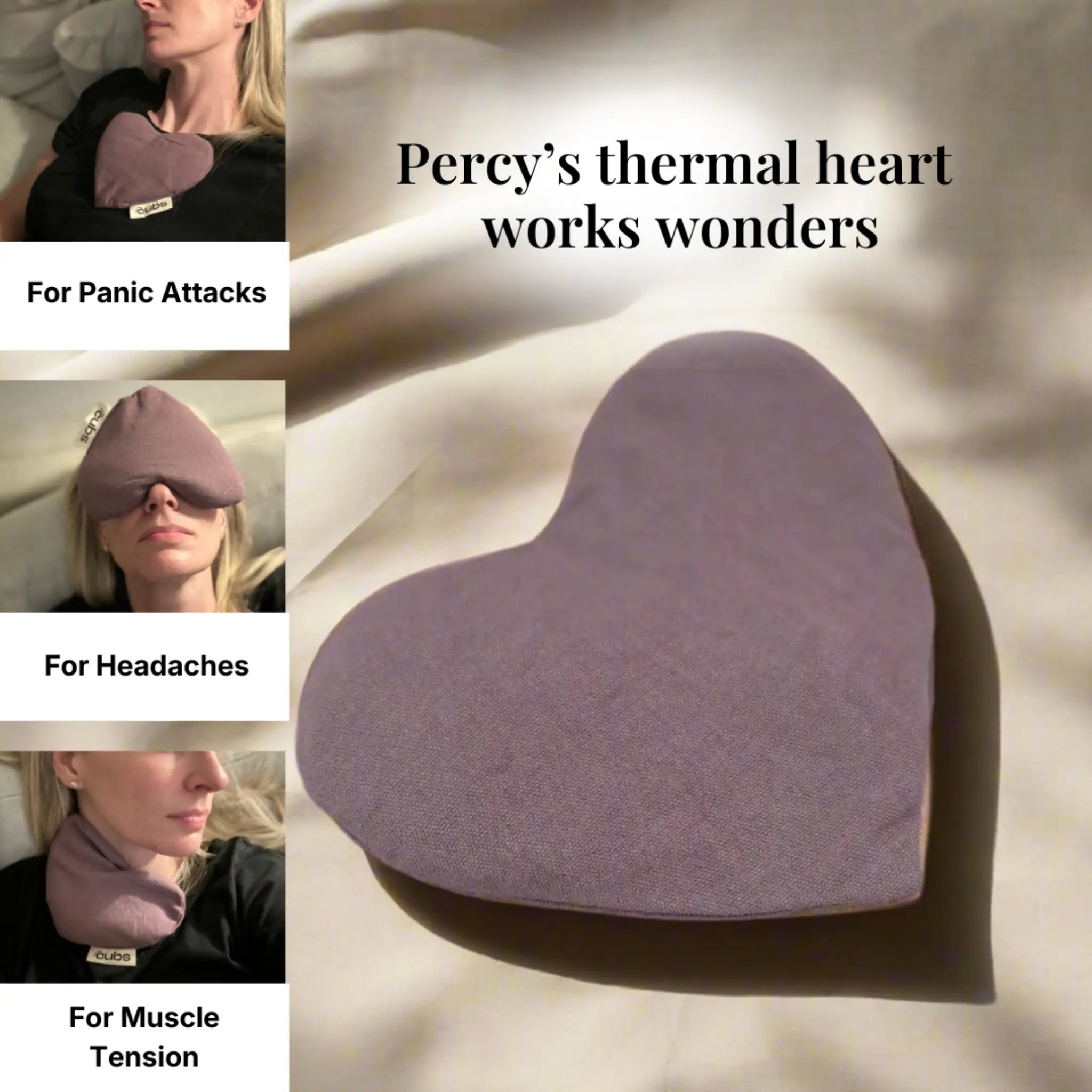 Heart shaped weight with feature call outs showing use cases for panic attacks, headaches and muscle tension