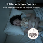 Woman sleeping with a Percy bear on a bed, with text about deep pressure and a 60-night risk-free trial offer.