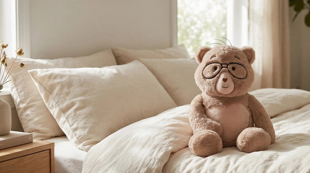 Percy bear wearing glasses sitting on a bed with light-colored bedding and pillows.