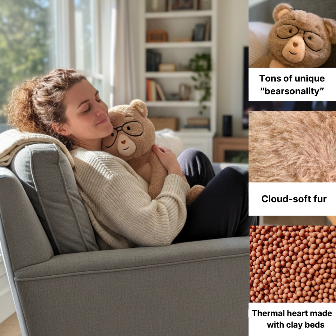 Woman hugging a Percy bear with close-up details of the bear's texture and materials.