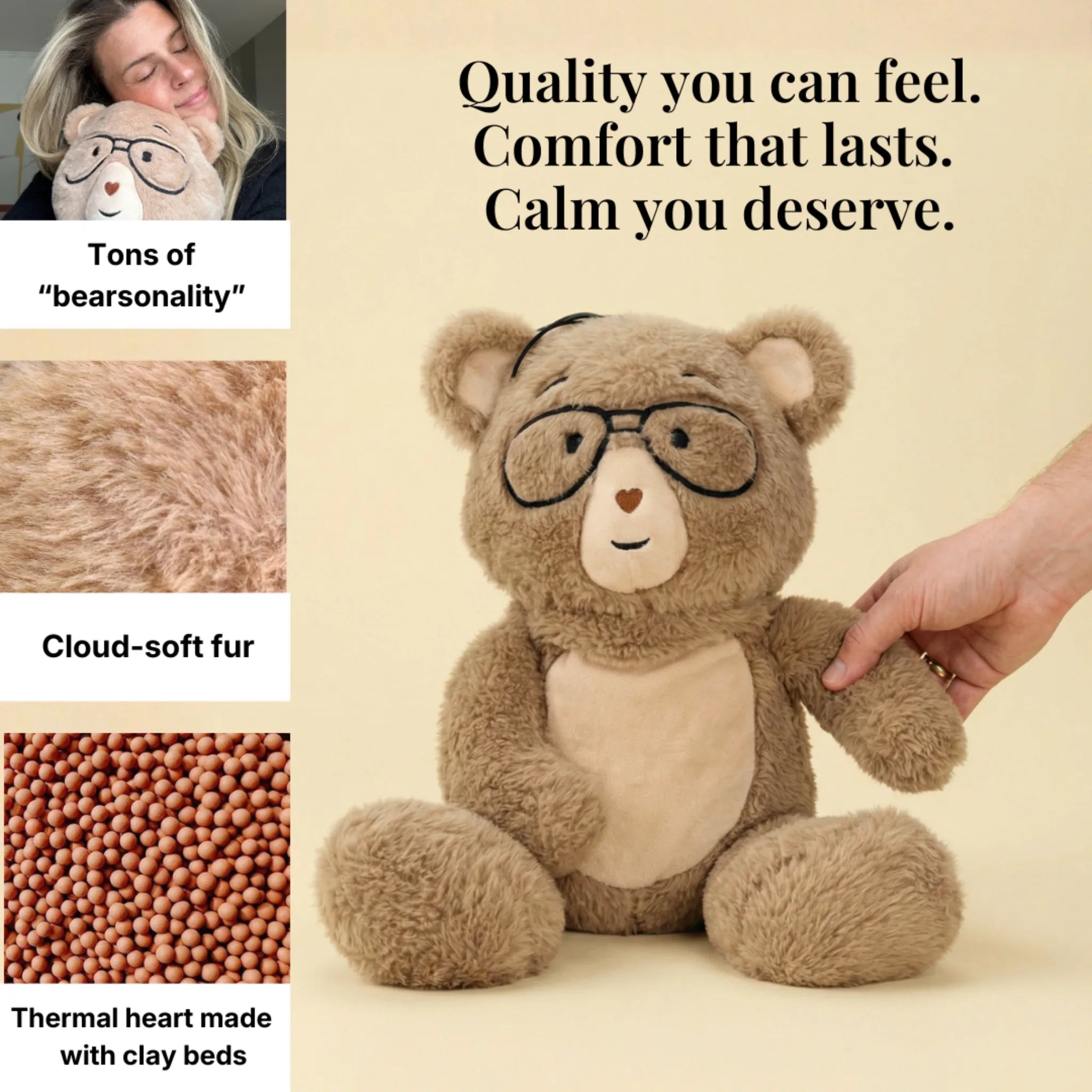 Teddy bear with glasses held by a hand, surrounded by text about comfort and quality, and close-ups of materials used.