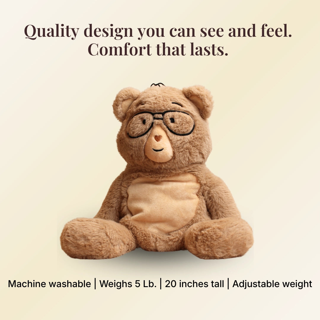 Percy bear with glasses on a beige background with text about product features - machine washable, weighs 5 lb. 20 inches tall, adjustable weight.