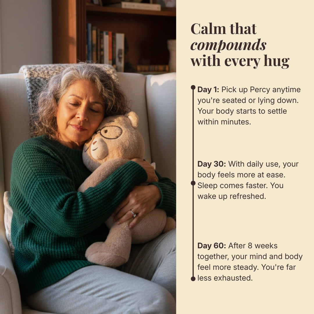 Woman hugging a Percy bear on a couch with text about the benefits of hugging after 30 days helping your mind and body feel more steady.