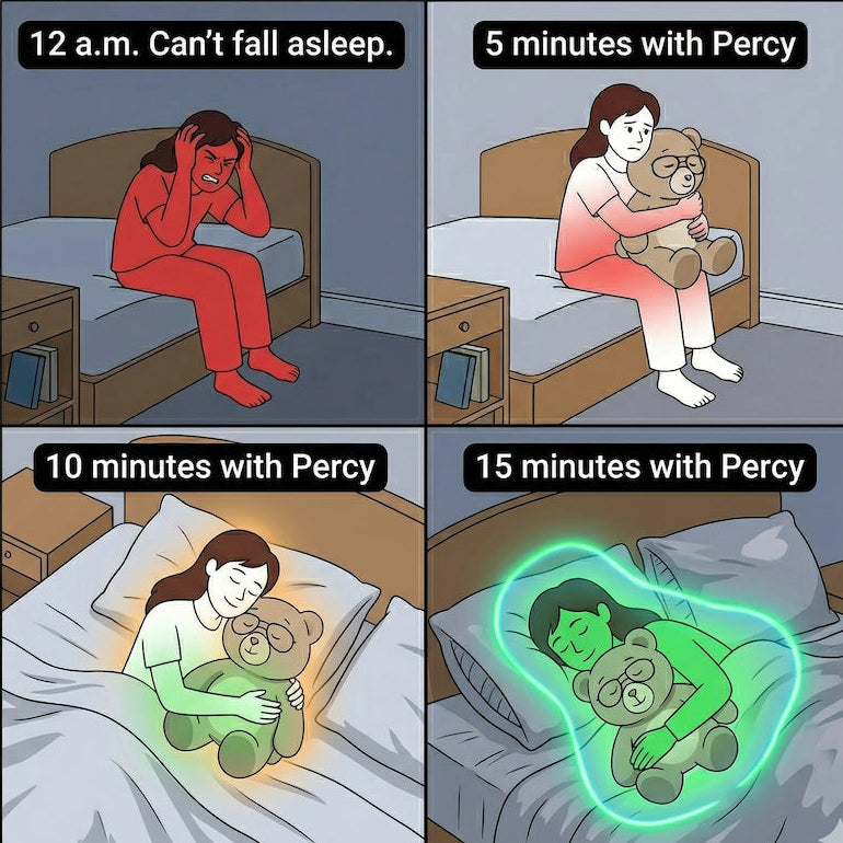 Comic strip showing a person trying to fall asleep with a teddy bear named Percy.