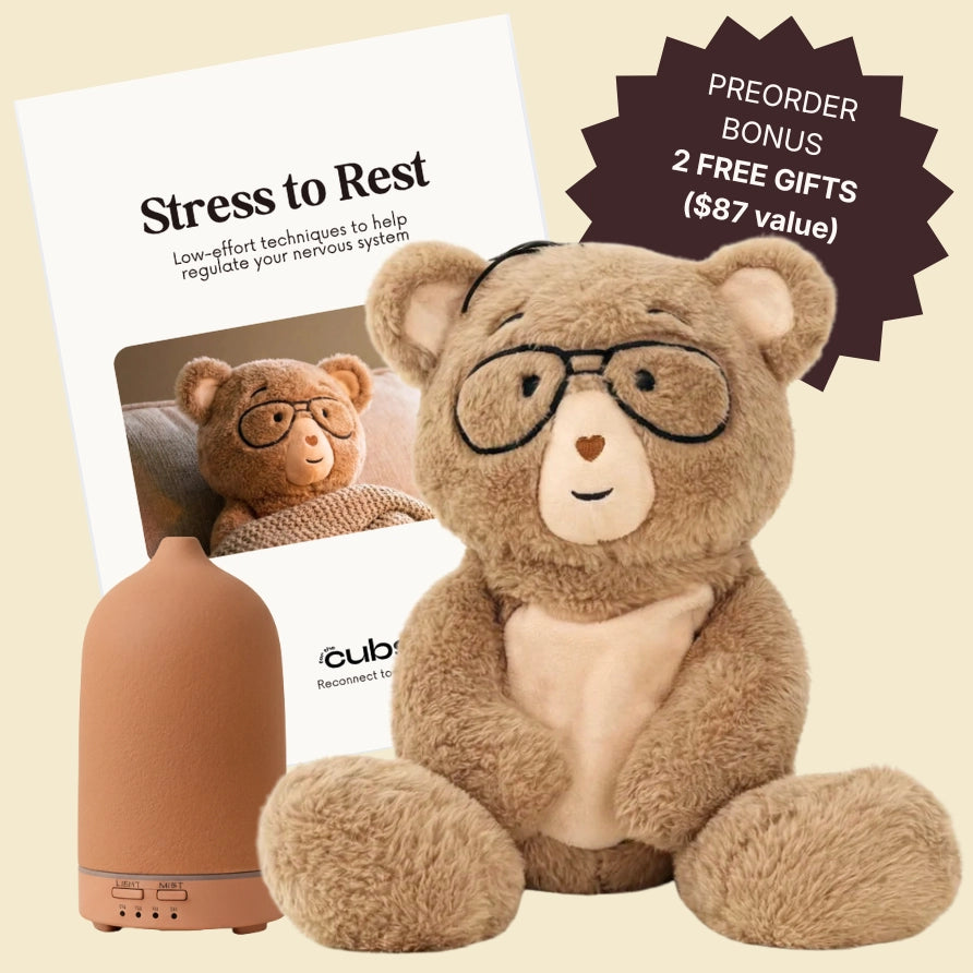 Percy bear with glasses, diffuser, and 'Stress to Rest' book on a light yellow background