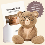 Stuffed teddy bear with glasses, diffuser, and 'Stress to Rest' book on a beige background