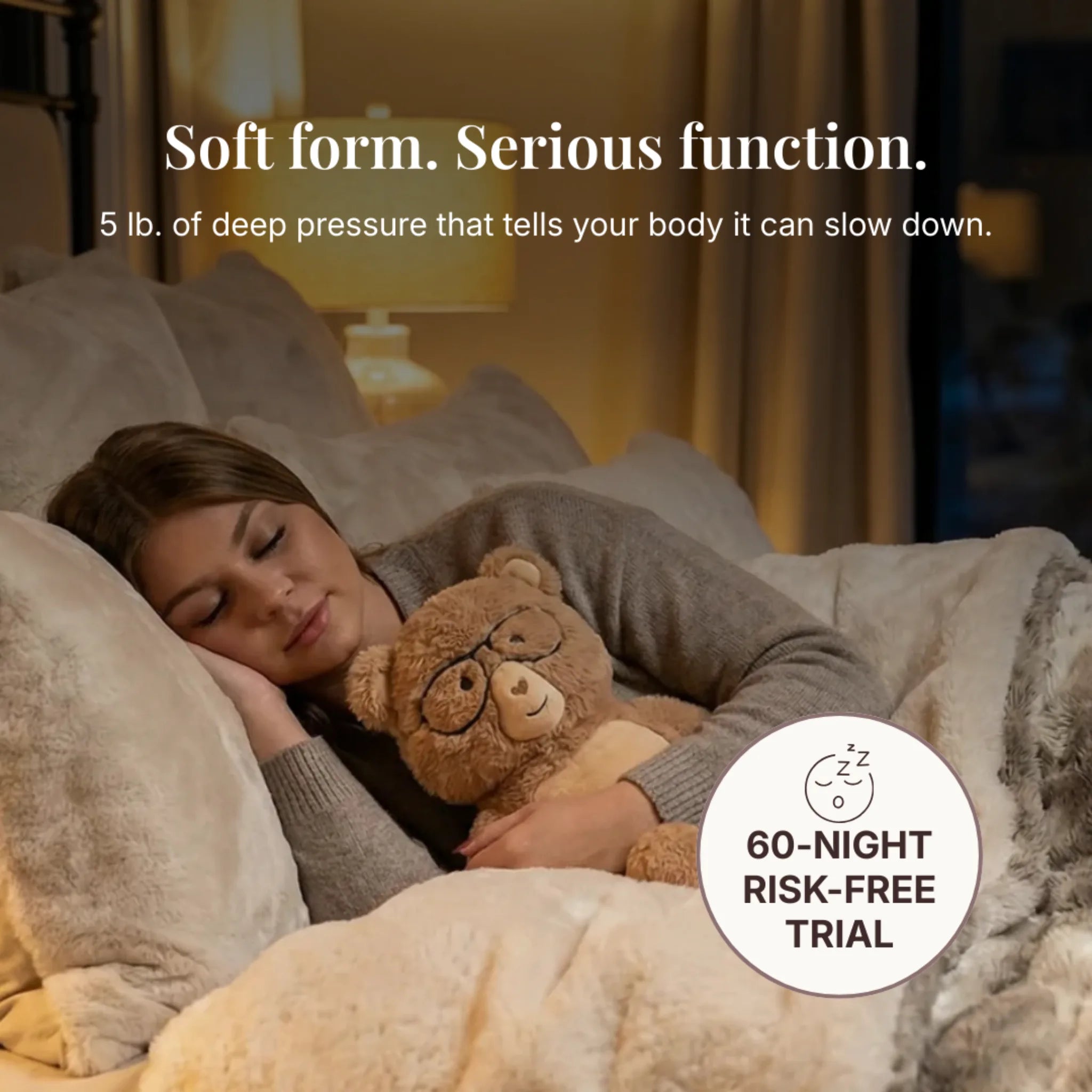 Woman sleeping with a teddy bear on a soft pillow, with text about deep pressure and a 60-night risk-free trial offer.