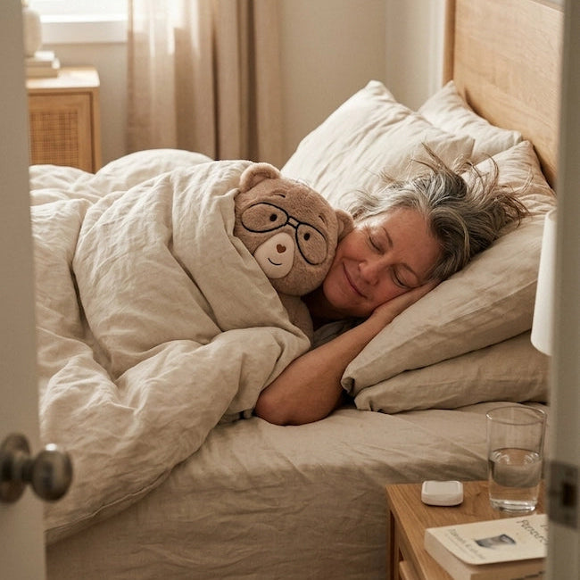 Woman sleeping in a bed with Percy bear, wearing glasses, in a cozy bedroom.