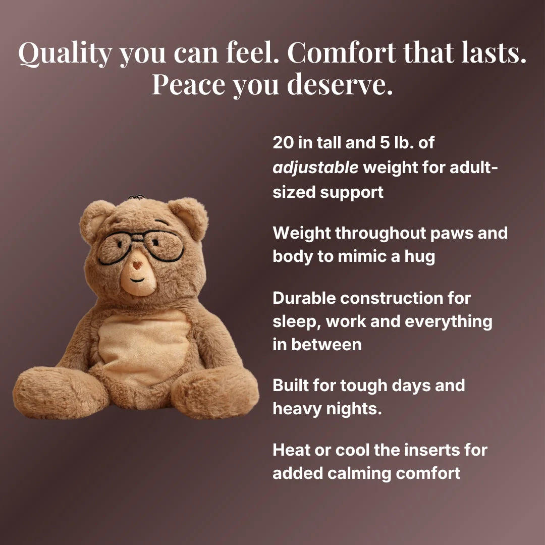 Percy bear with text about comfort and support on a dark background