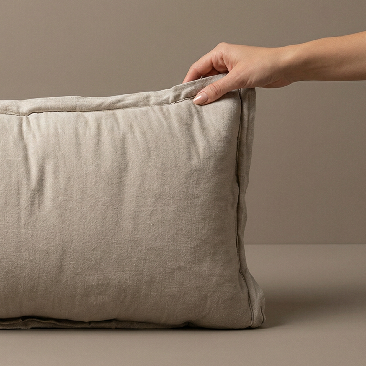 Beige pillow on a beige background with a hand touching it