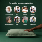 Green pillow with a hand touching it, surrounded by scenarios like perimenopause, WFH, insomnia, parenting, neurodivergence, grief, therapy, and caregiving.