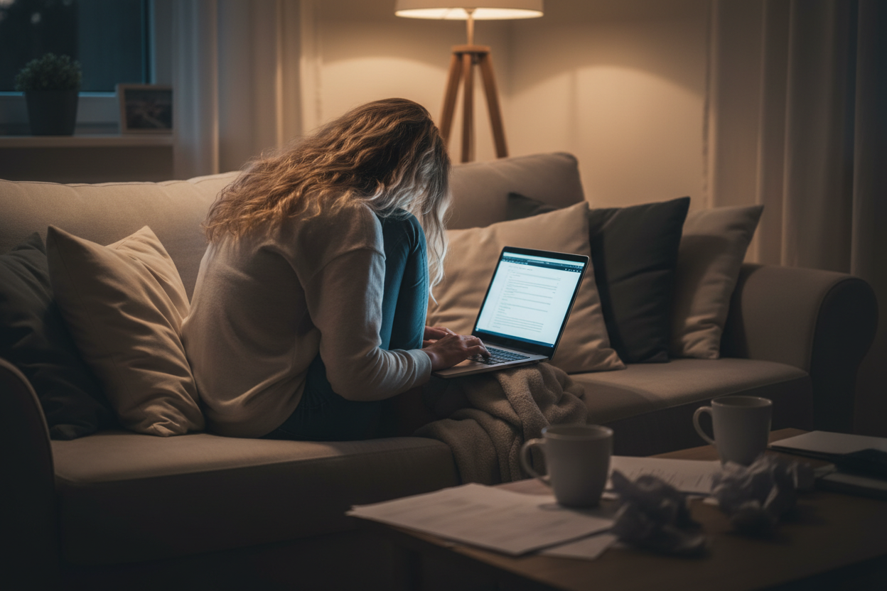 Back of blonde woman's head curled up in a ball on sofa working late nights