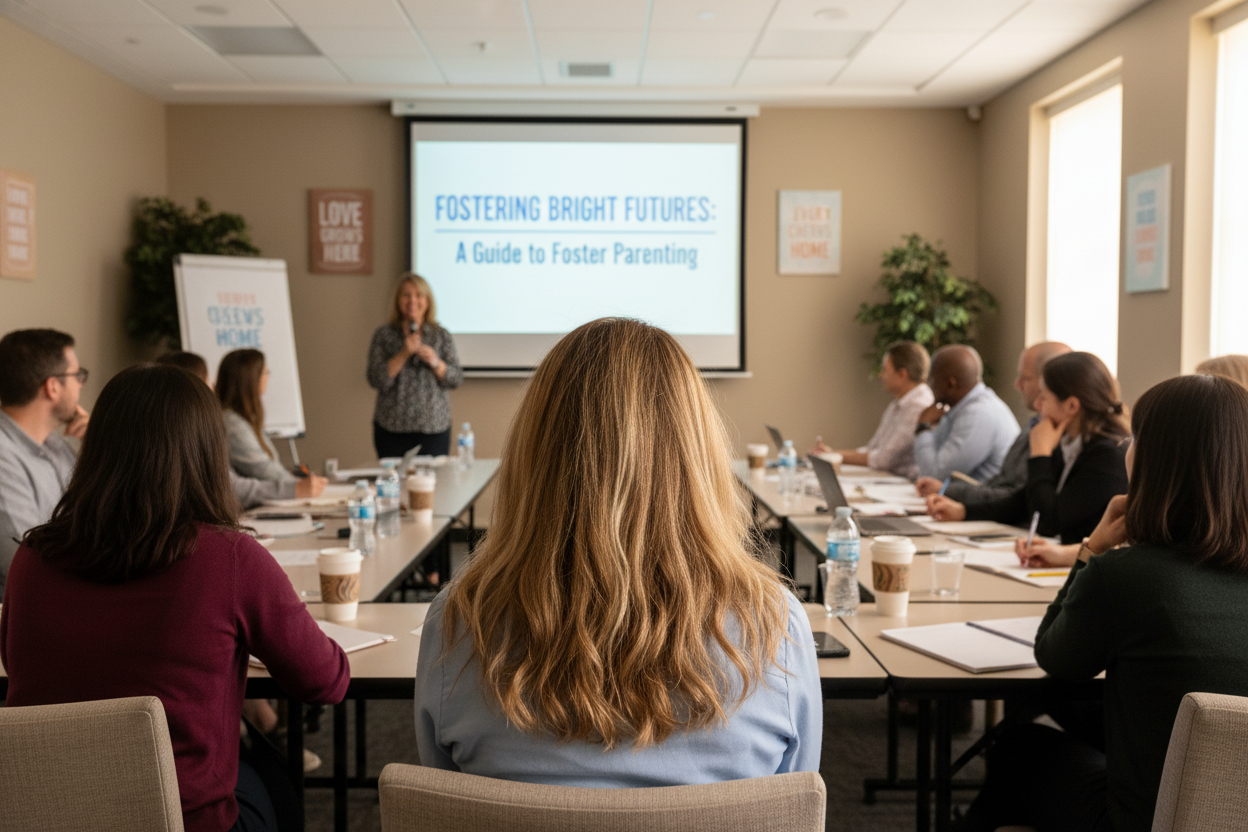 back of blonde woman's head in training seminar about foster parenting