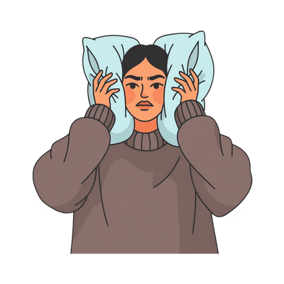Illustration of a person wearing a brown sweater with pillows on their head.