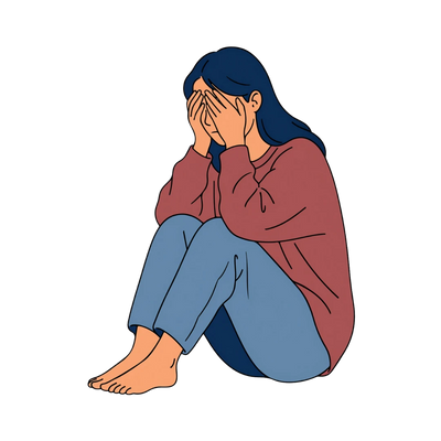 Illustration of a person sitting with their head in their hands on a white background