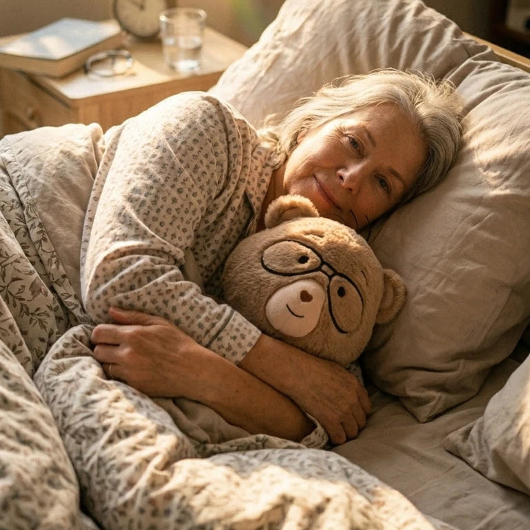 Woman lying in bed with a weighted stuffed bear, surrounded by soft lighting.