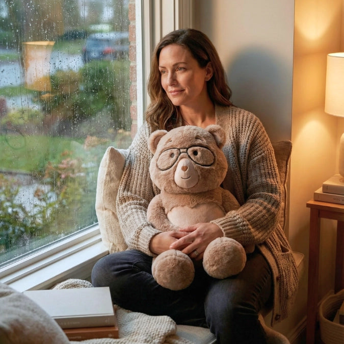 Woman sitting by a window holding Percy bear with glasses, surrounded by cozy decor.