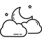 Black and white icon of a cloud, crescent moon, and stars on a white background