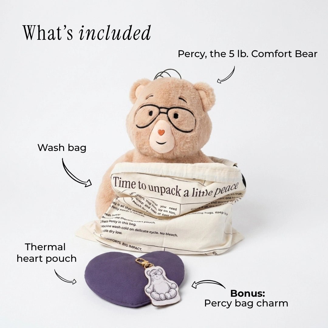 Image showing what Percy comes with including percy, wash back, heart pouch and bonus bag charm.