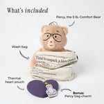 Image showing what Percy comes with including percy, wash back, heart pouch and bonus bag charm.