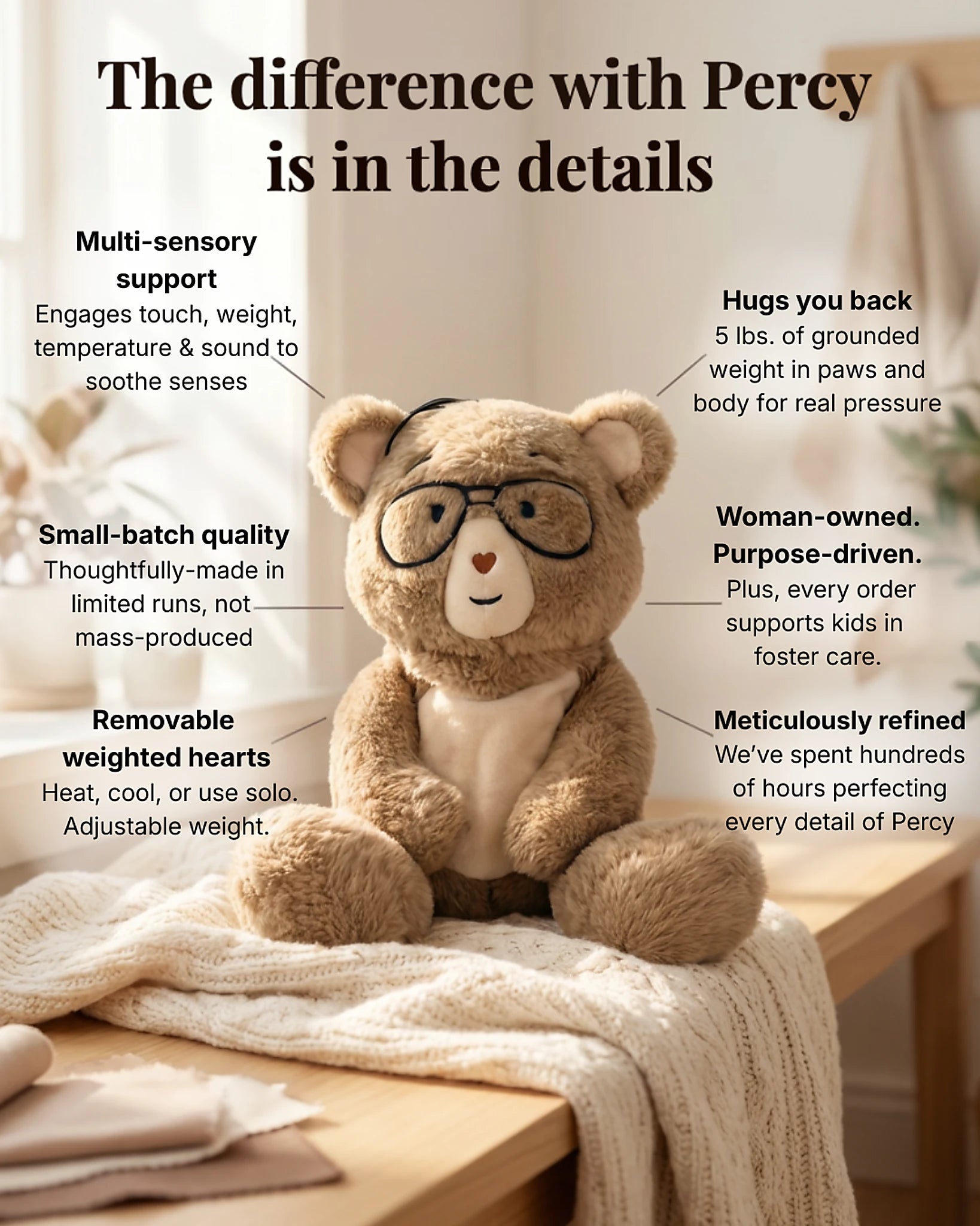 Percy, weighted stuffed animal sitting in bright room