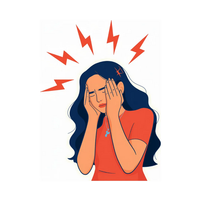 Illustration of a woman with a headache, shown by red lightning bolts above her head.
