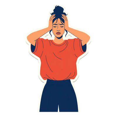Illustration of a person wearing an orange shirt and blue pants with hands on head.