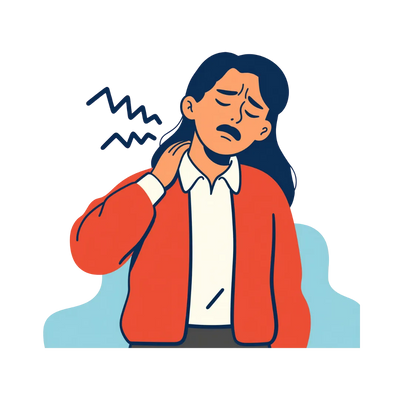 Illustration of a person with a sore neck, shown by a wavy line above their neck.